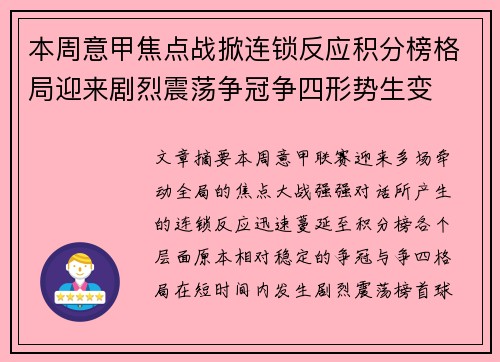 本周意甲焦点战掀连锁反应积分榜格局迎来剧烈震荡争冠争四形势生变