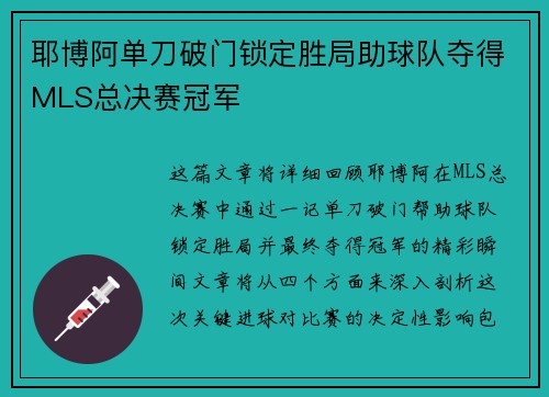 耶博阿单刀破门锁定胜局助球队夺得MLS总决赛冠军 耶博阿单刀破门锁定胜局助球队夺得MLS总决赛冠军